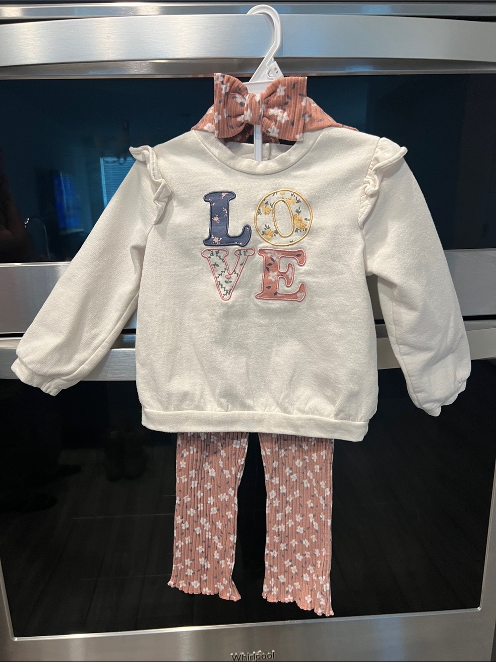 5/$35 NWOT Cream "LOVE" Sweater Set with Rust Floral Ribbed Pants & Headband